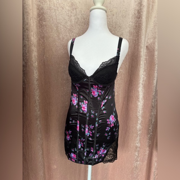 Victoria’s Secret Black Electric Bloom Stretch Satin Corset Mini Slip Dress NWOT - Picture 3 of 8